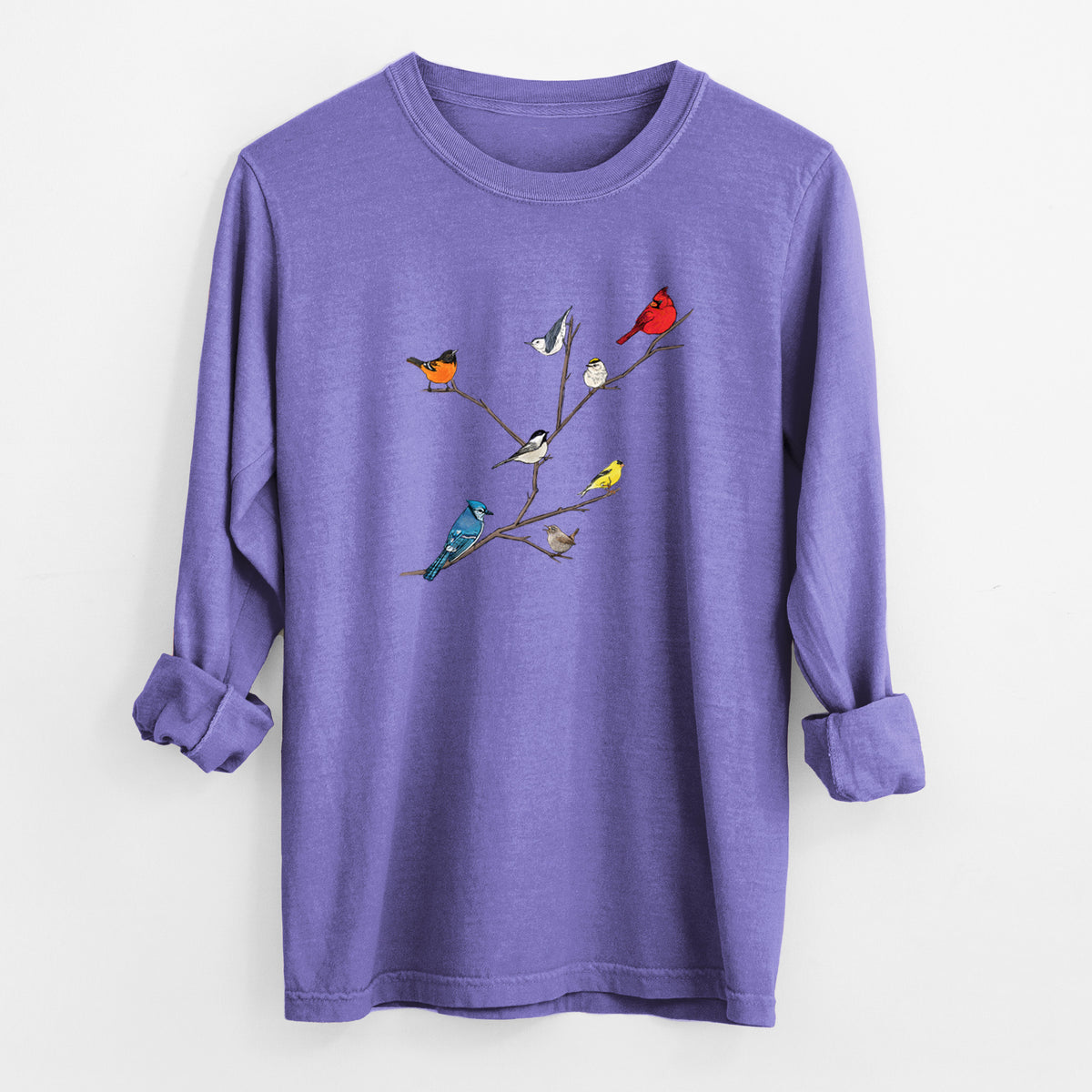 Violet purple Comfort Colors long sleeve shirt laid flat with the cuffs rolled, printed with a full-color illustration of backyard birds, including a cardinal, blue jay, goldfinch and robin, perched on bare branches.