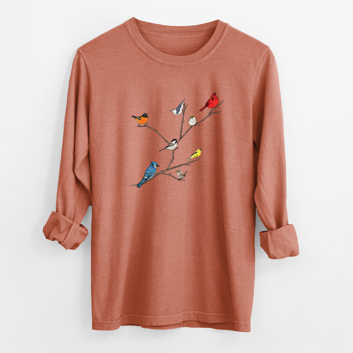 Yam burnt orange Comfort Colors long sleeve shirt laid flat with the cuffs rolled, printed with a full-color illustration of backyard birds, including a cardinal, blue jay, goldfinch and robin, perched on bare branches.
