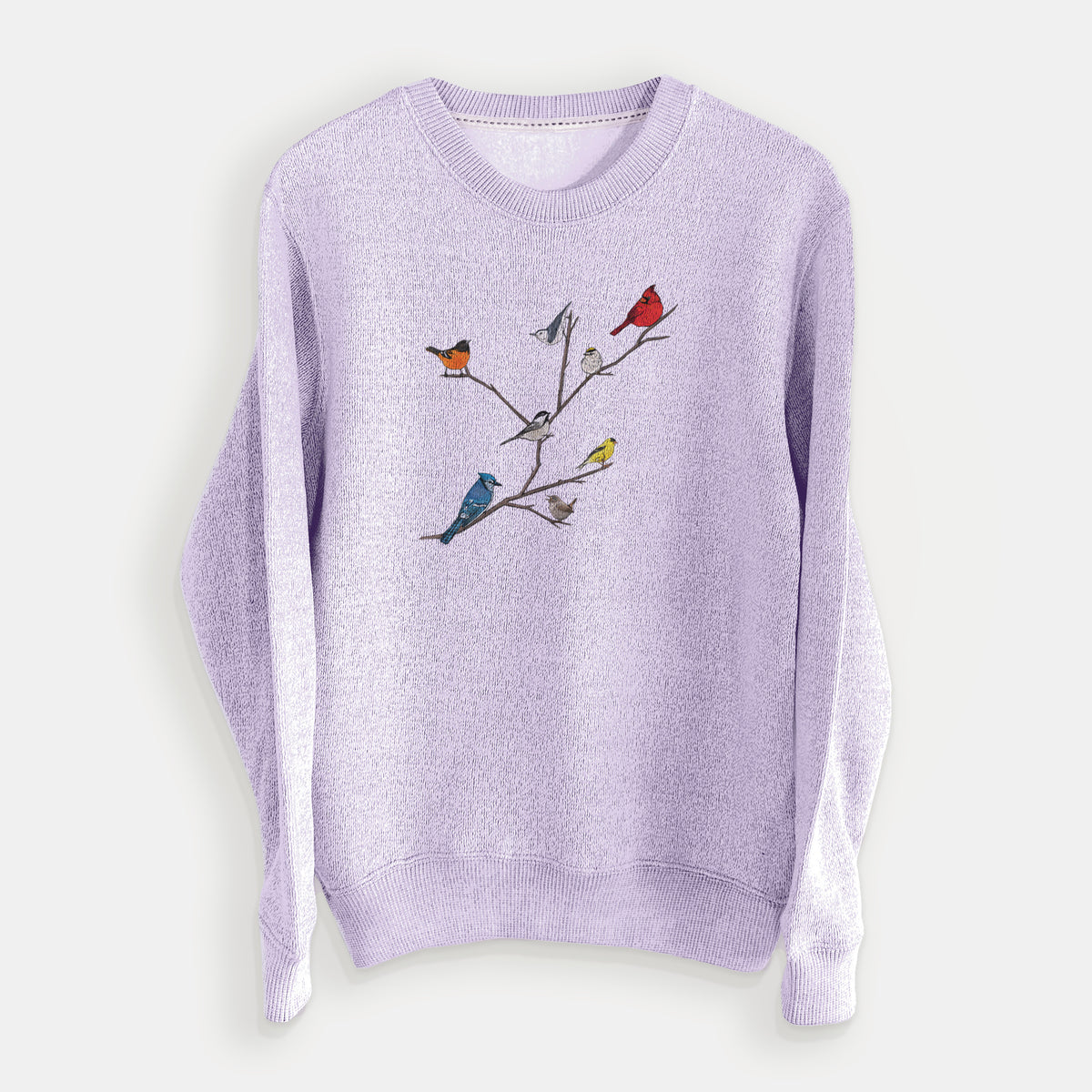 Ice purple knit sweatshirt laid flat, printed with a full-color illustration of backyard birds, including a cardinal, blue jay, goldfinch and robin, perched on bare branches.