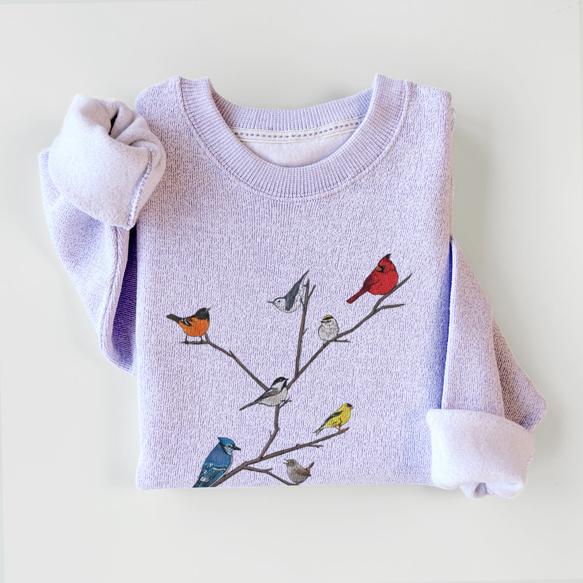 Ice purple knit sweatshirt printed with a full-color illustration of backyard birds, including a cardinal, blue jay, goldfinch and robin, perched on bare branches, styled flat.