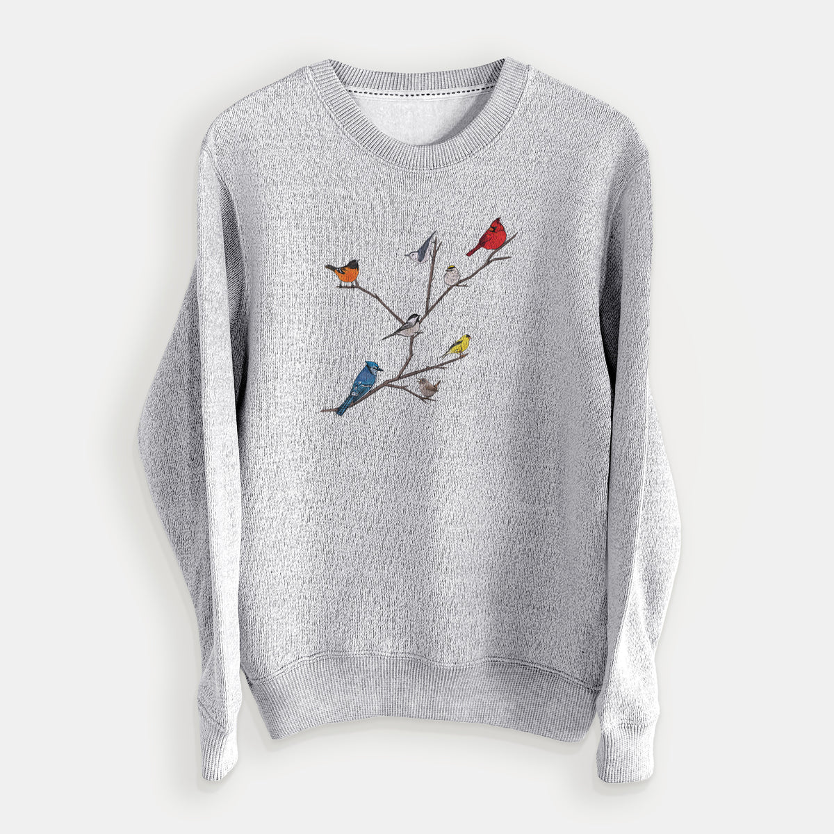 Salt and pepper knit sweatshirt laid flat, printed with a full-color illustration of backyard birds, including a cardinal, blue jay, goldfinch and robin, perched on bare branches.