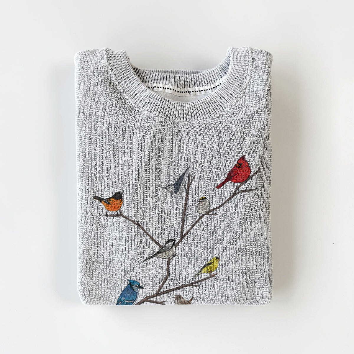 Salt and pepper knit sweatshirt printed with a full-color illustration of backyard birds, including a cardinal, blue jay, goldfinch and robin, perched on bare branches, styled flat.