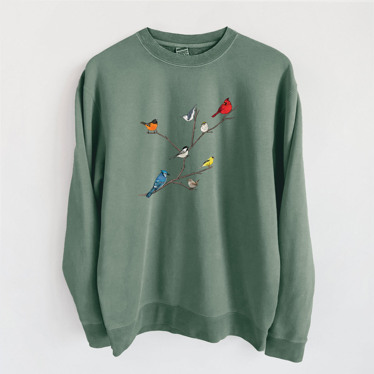 Backyard Birds Gathering - Unisex Pigment Dyed Crew Sweatshirt in Alpine Green