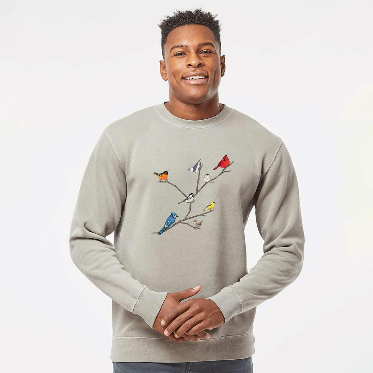 Backyard Birds Gathering - Unisex Pigment Dyed Crew Sweatshirt in Cement