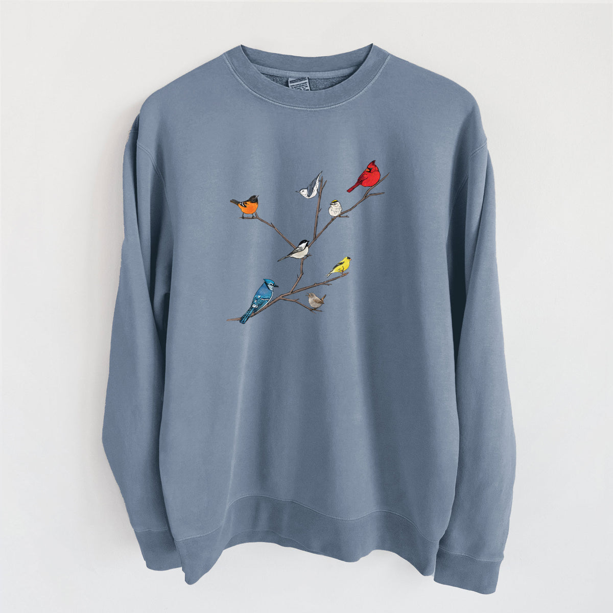 Backyard Birds Gathering - Unisex Pigment Dyed Crew Sweatshirt in Slate Blue