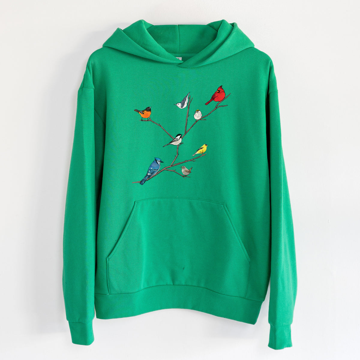 Backyard Birds Gathering - Statement Midweight Hoodie in Kelly Green, hanging on a white wall, with a front kangaroo pocket and no drawcords.