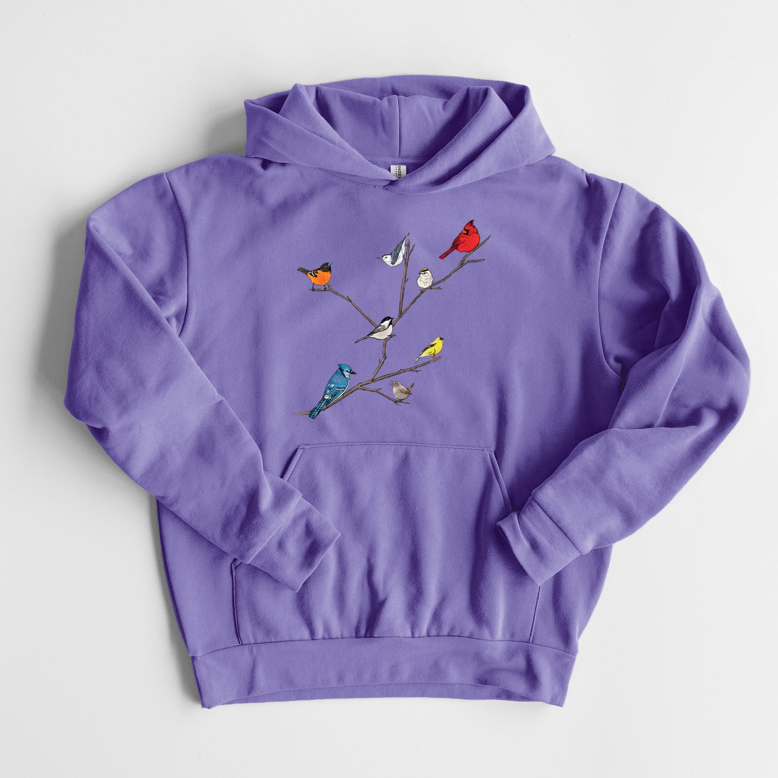 Backyard Birds Gathering - Statement Midweight Hoodie in Violet, laid flat, showing the oversized boxy fit and front kangaroo pocket.