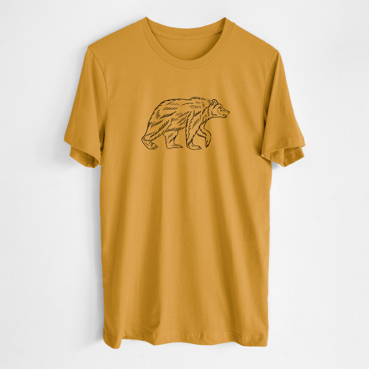 Honeycomb yellow lightweight cotton t-shirt laid flat, printed with a black ink illustration of a brown bear walking.