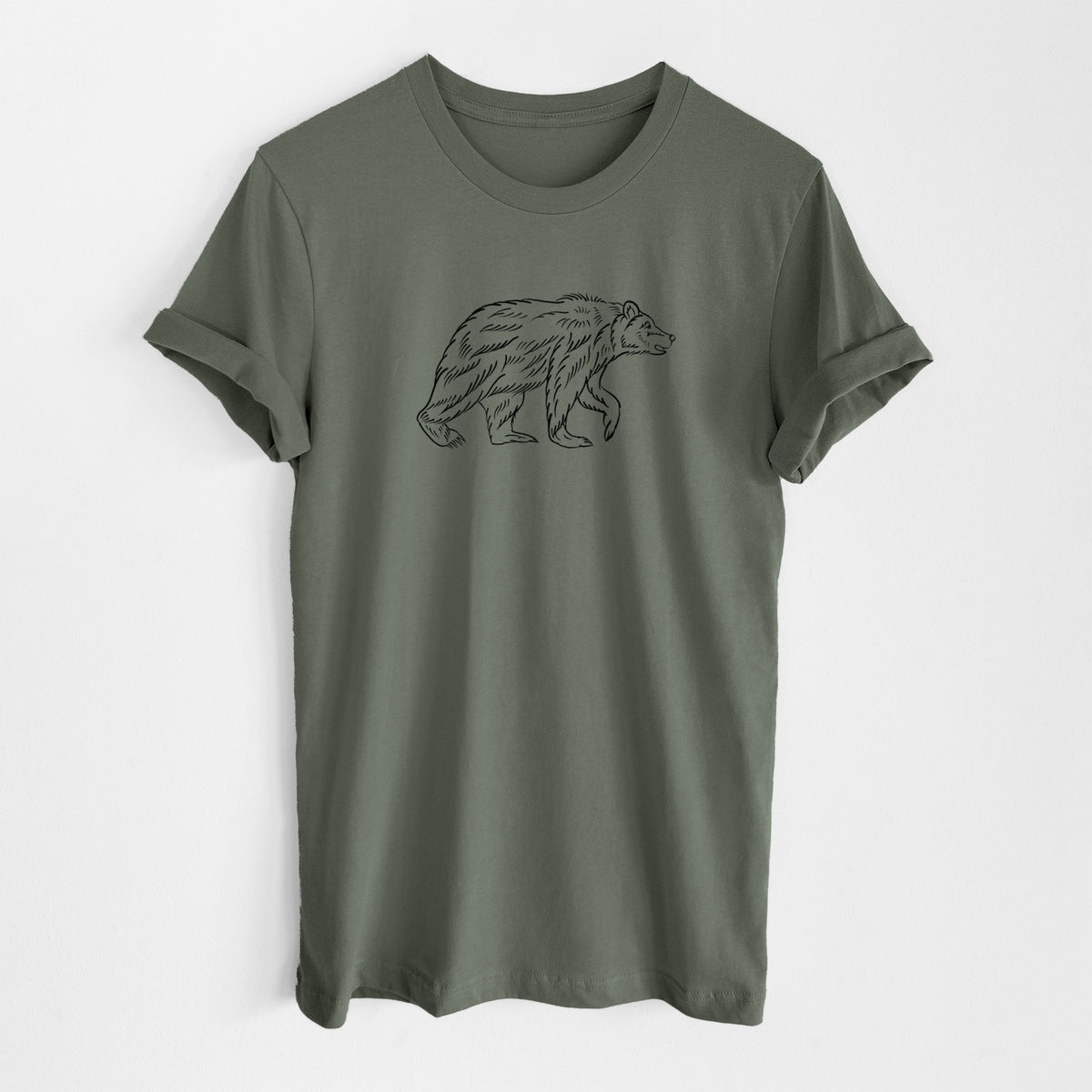 Military green lightweight cotton t-shirt laid flat, printed with a black ink illustration of a brown bear walking.