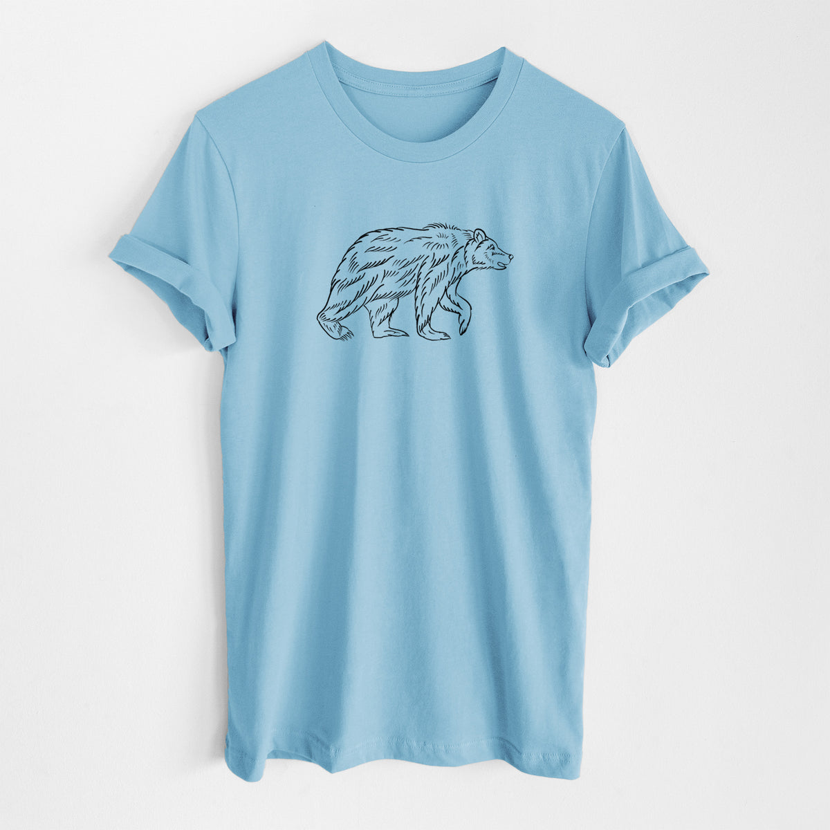 Ocean blue lightweight cotton t-shirt laid flat, printed with a black ink illustration of a brown bear walking.