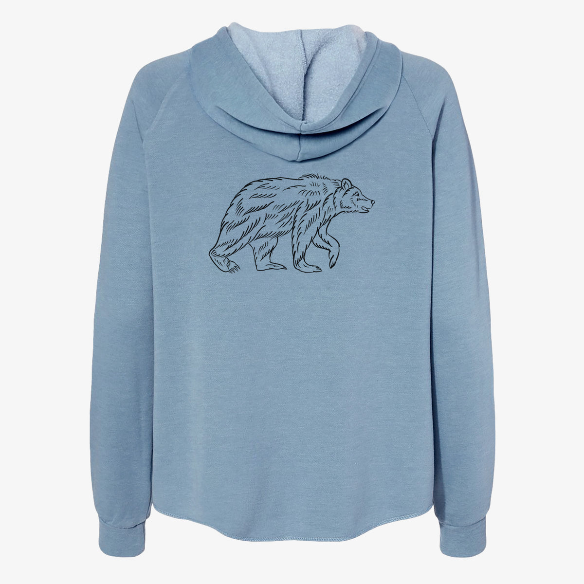 Misty blue women's Cali Wave zip-up sweatshirt laid flat, printed with a black ink illustration of a brown bear walking.