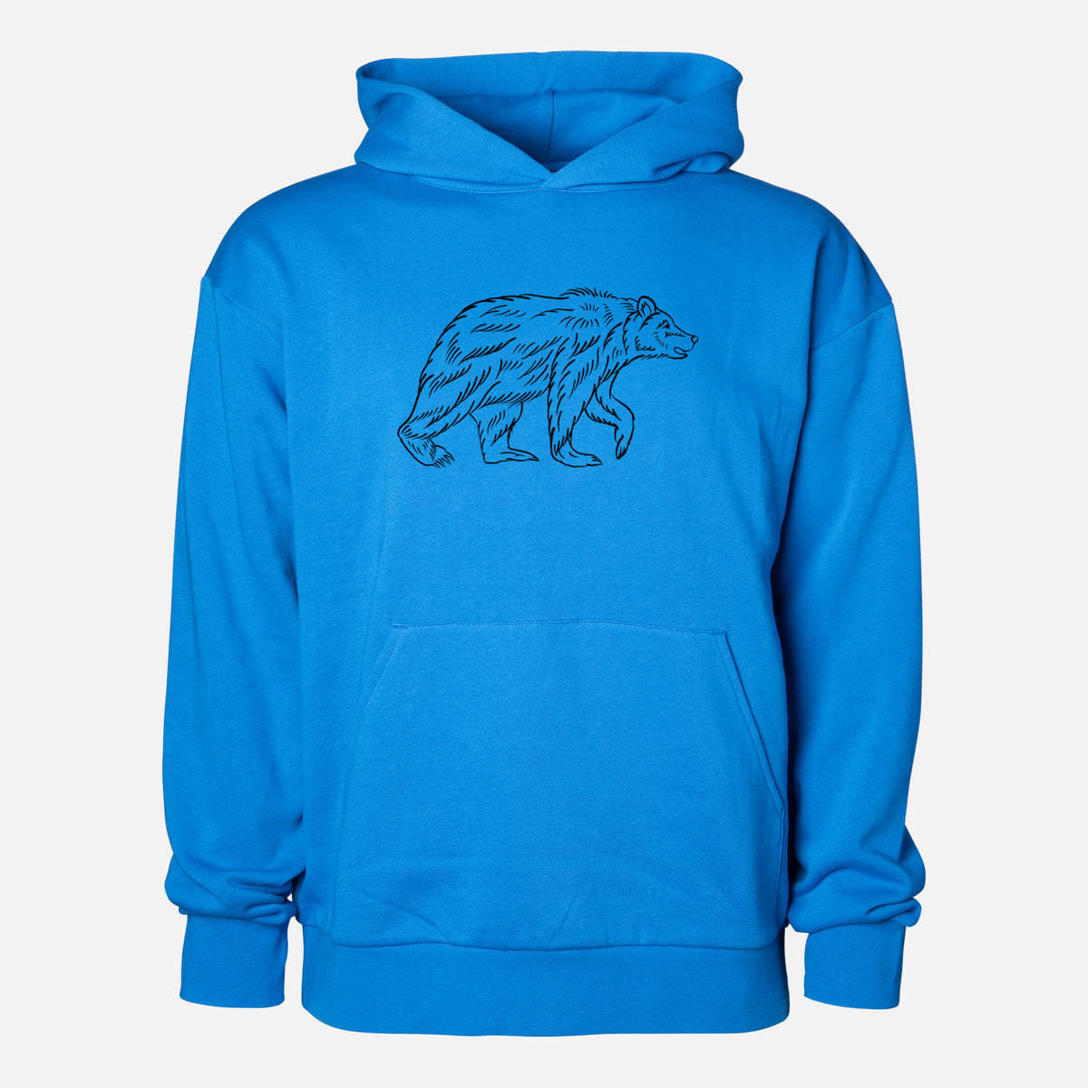 Brown Bear - Statement Midweight Hoodie in Azure Blue, shown from the front with the design printed on the chest above a front kangaroo pocket.