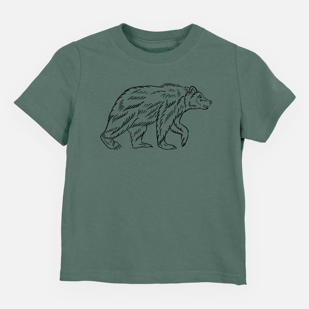 Basil green toddler t-shirt laid flat, printed with a black ink illustration of a brown bear walking.