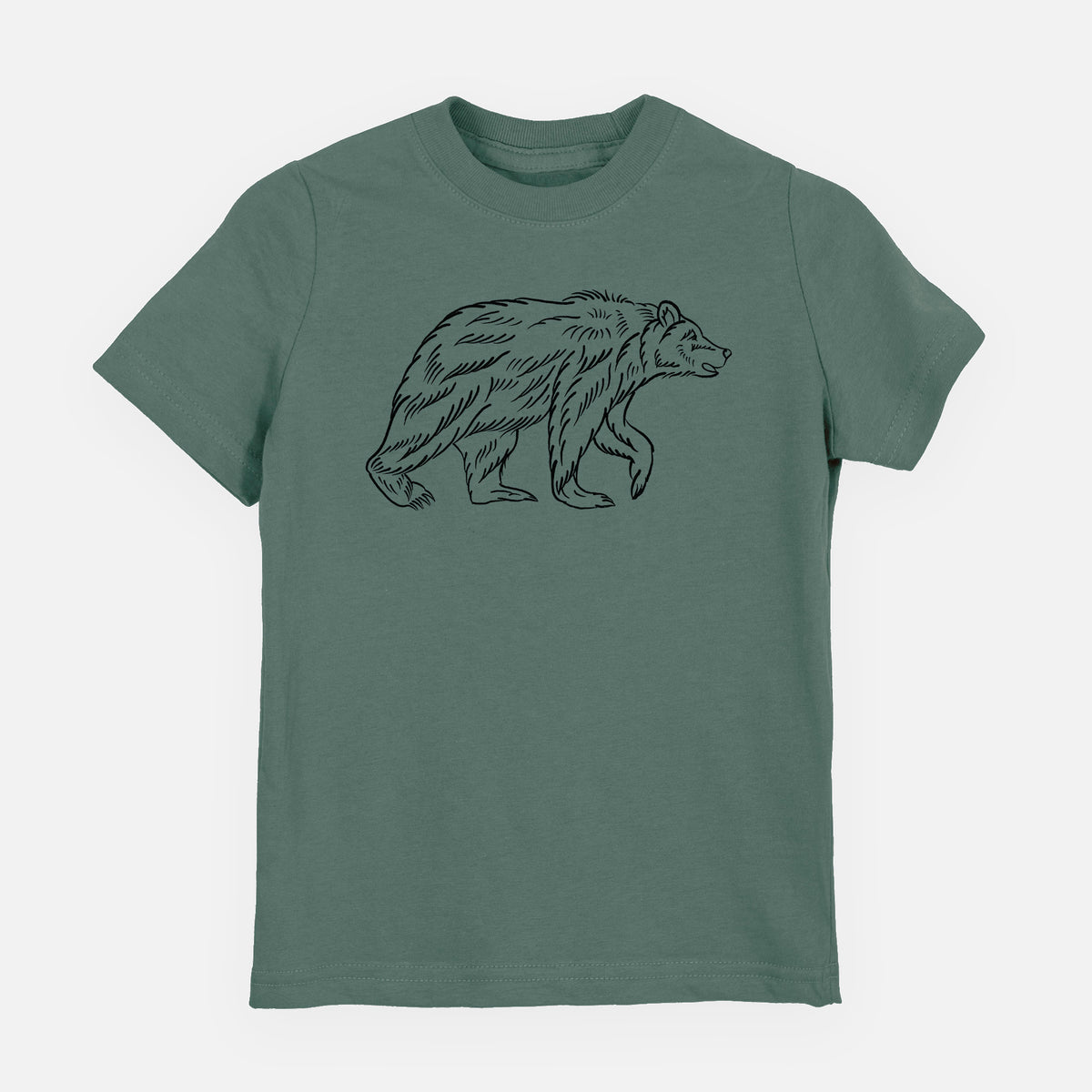 Basil green youth t-shirt laid flat, printed with a black ink illustration of a brown bear walking.