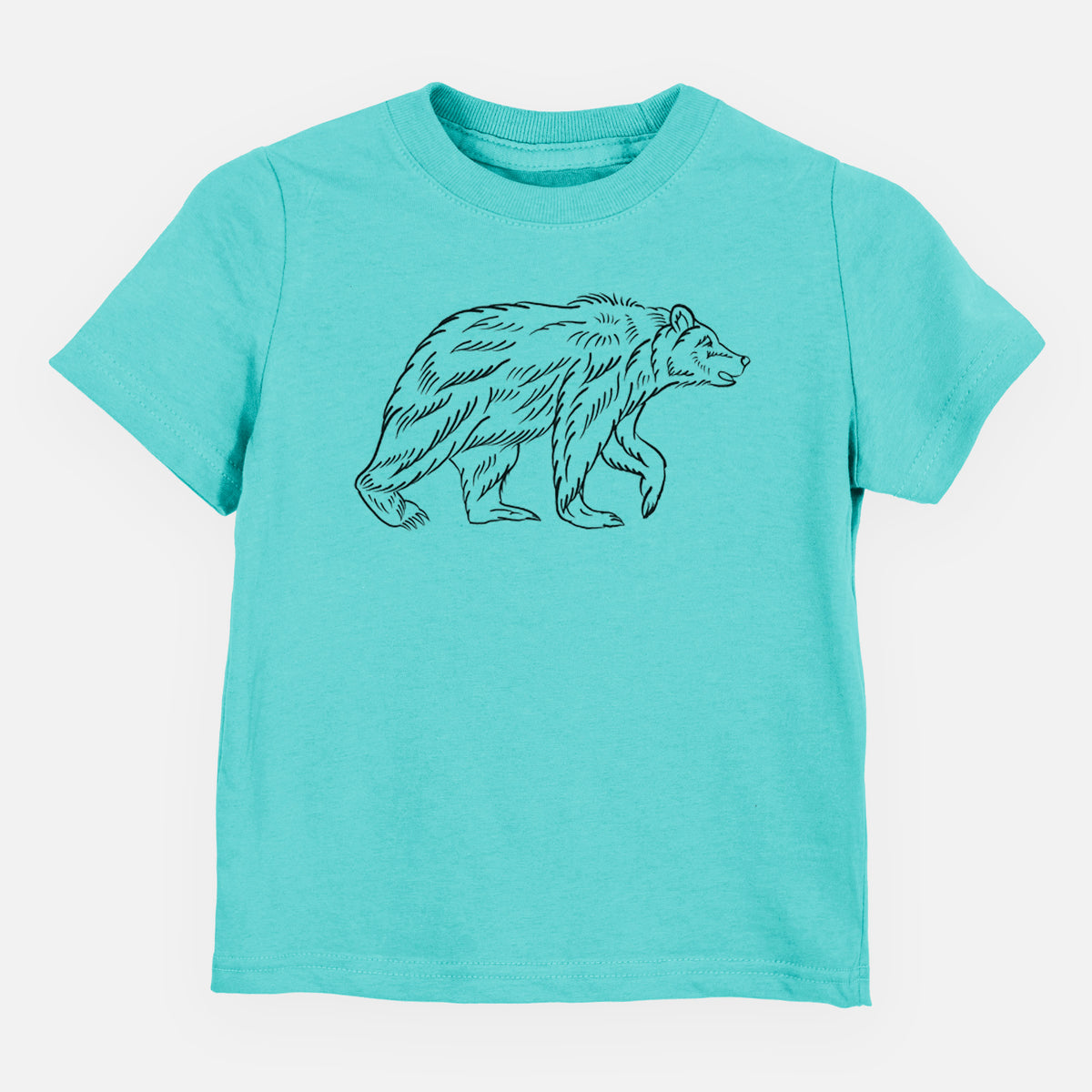 Caribbean blue toddler t-shirt laid flat, printed with a black ink illustration of a brown bear walking.
