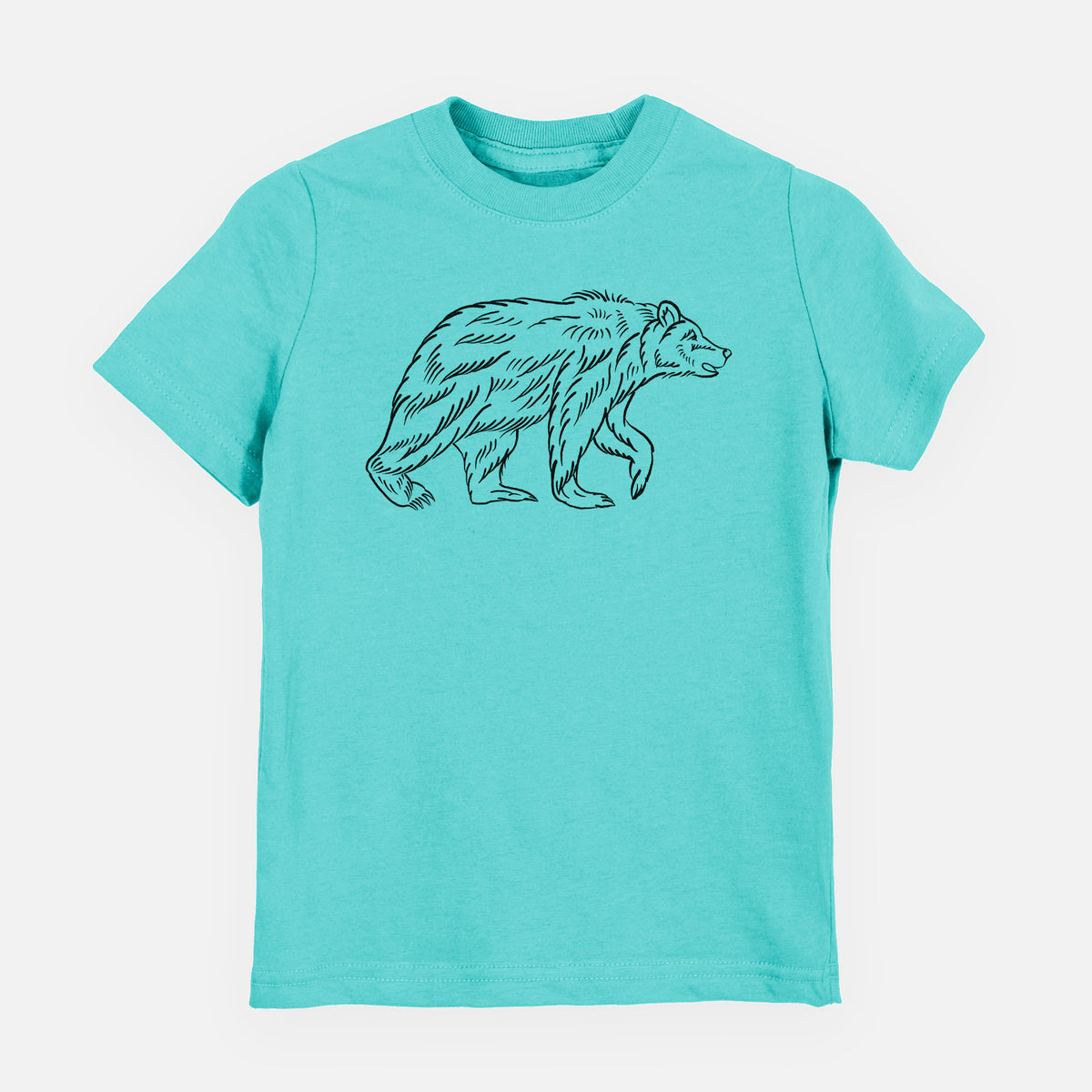 Caribbean blue youth t-shirt laid flat, printed with a black ink illustration of a brown bear walking.