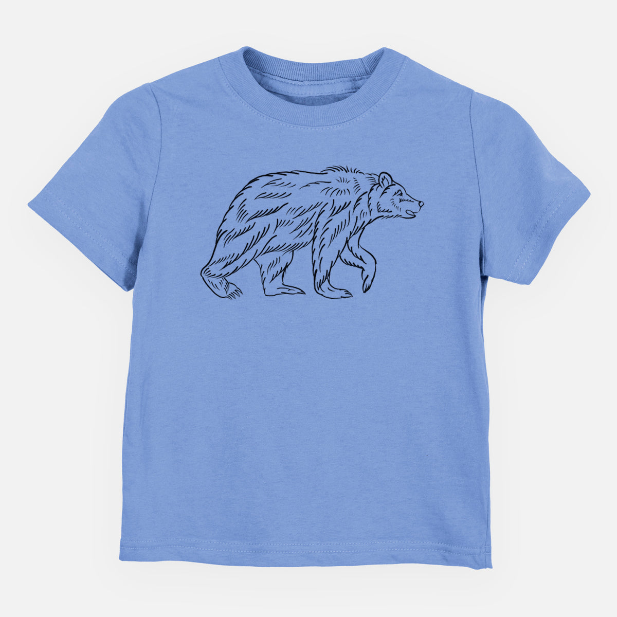 Carolina blue toddler t-shirt laid flat, printed with a black ink illustration of a brown bear walking.