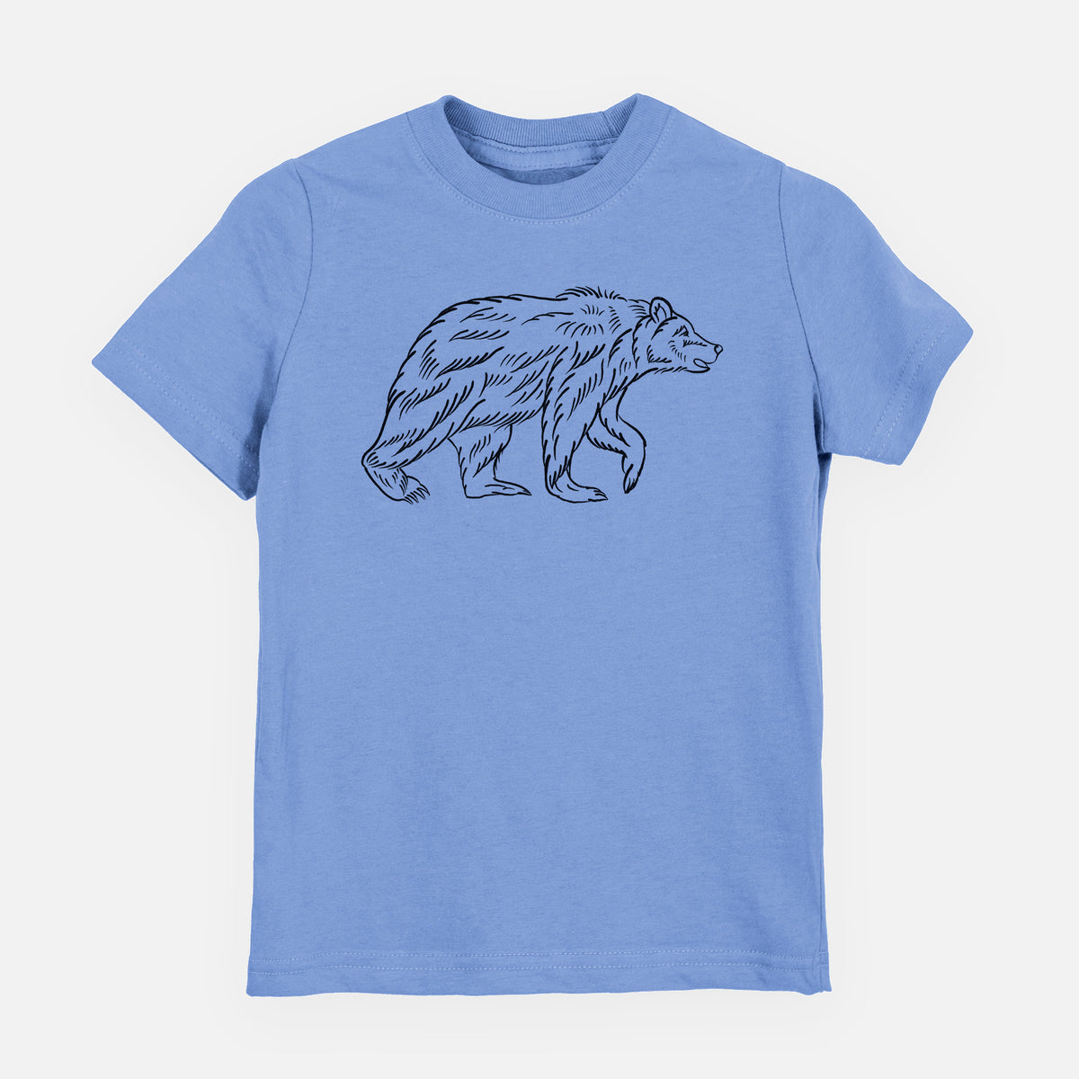 Carolina blue youth t-shirt laid flat, printed with a black ink illustration of a brown bear walking.