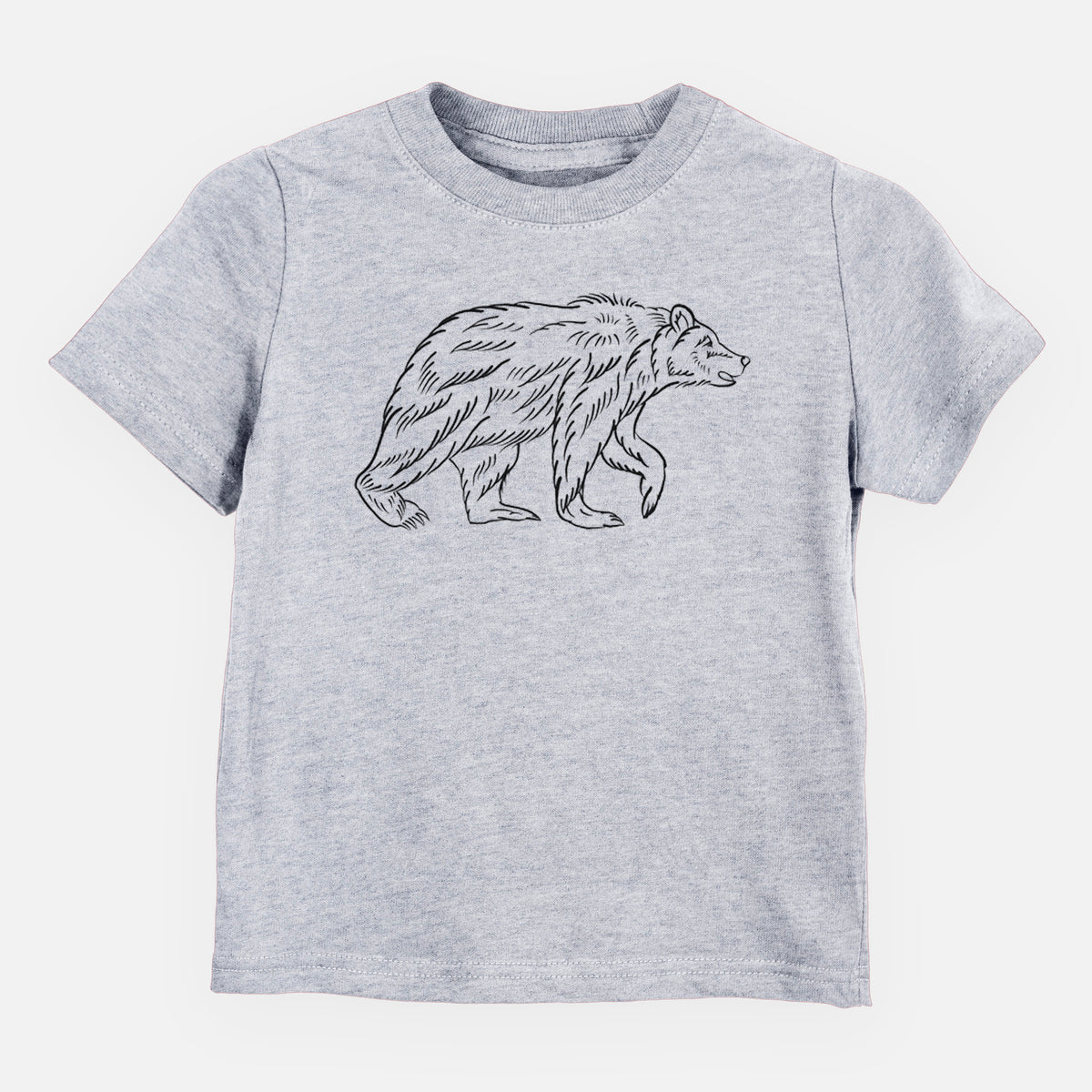 Heather grey toddler t-shirt laid flat, printed with a black ink illustration of a brown bear walking.