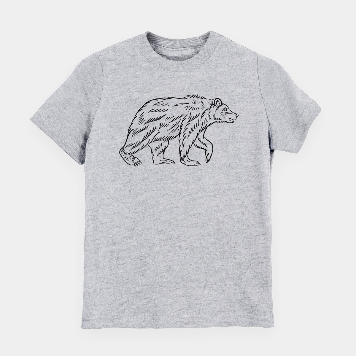 Heather grey youth t-shirt laid flat, printed with a black ink illustration of a brown bear walking.