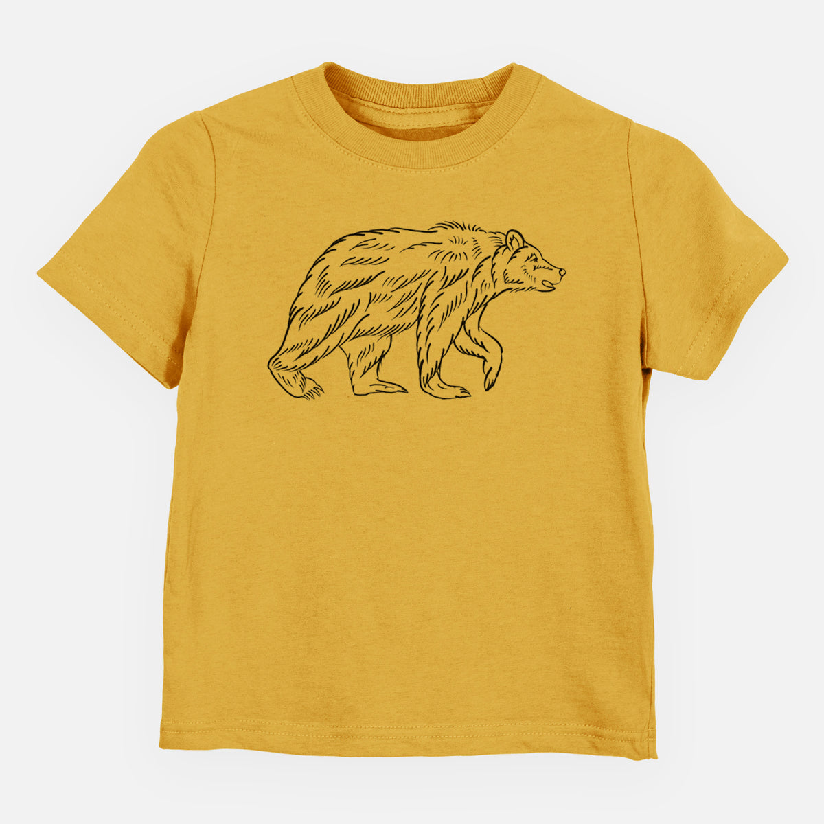 Honeycomb yellow toddler t-shirt laid flat, printed with a black ink illustration of a brown bear walking.