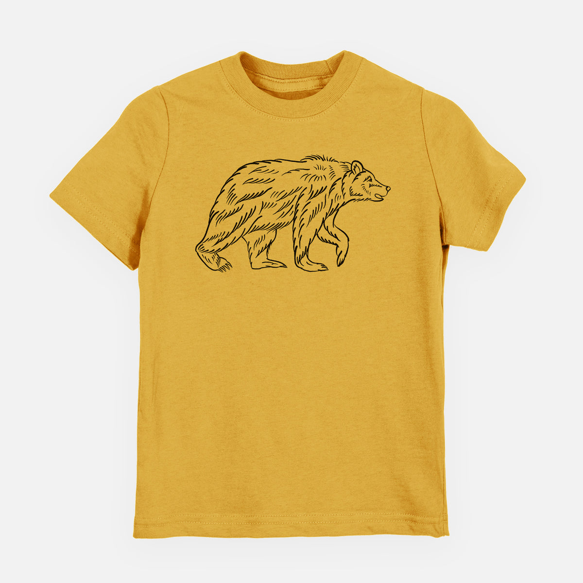 Honeycomb yellow youth t-shirt laid flat, printed with a black ink illustration of a brown bear walking.