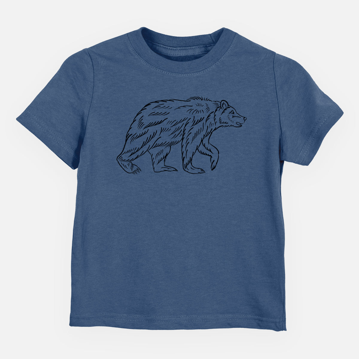 Indigo blue toddler t-shirt laid flat, printed with a black ink illustration of a brown bear walking.
