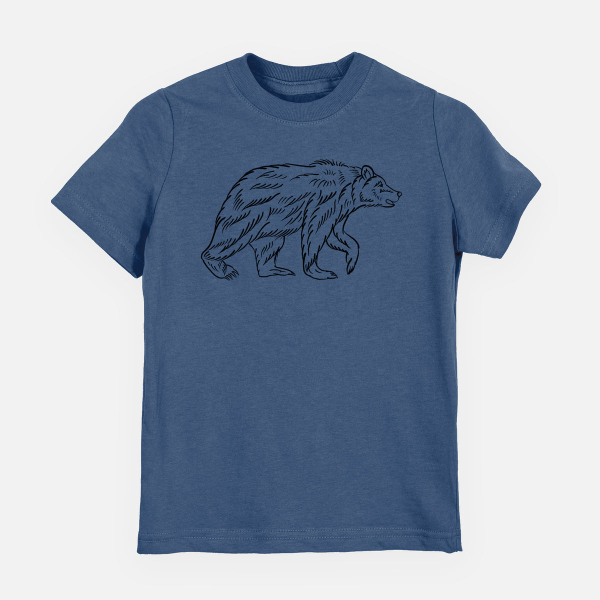 Indigo blue youth t-shirt laid flat, printed with a black ink illustration of a brown bear walking.