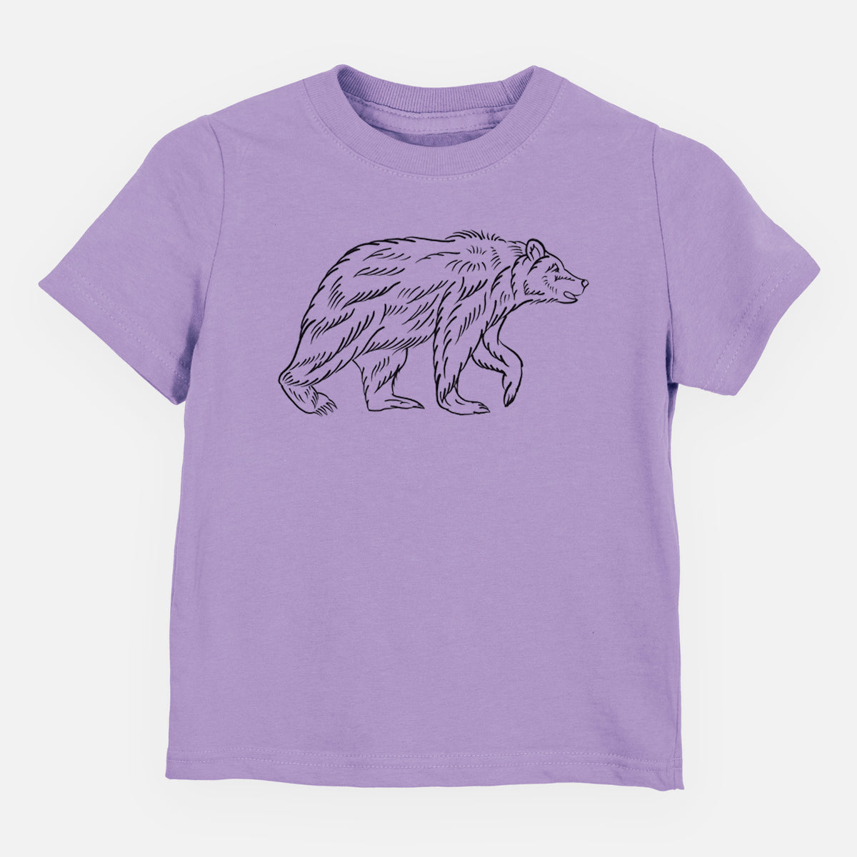 Lavender toddler t-shirt laid flat, printed with a black ink illustration of a brown bear walking.