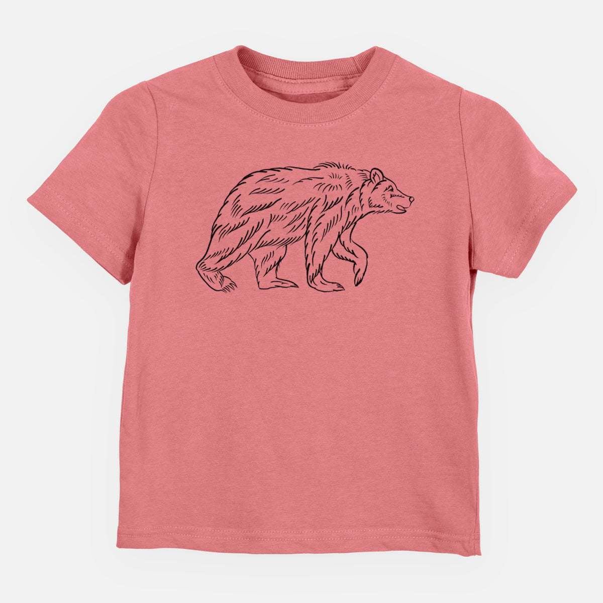 Mauve pink toddler t-shirt laid flat, printed with a black ink illustration of a brown bear walking.
