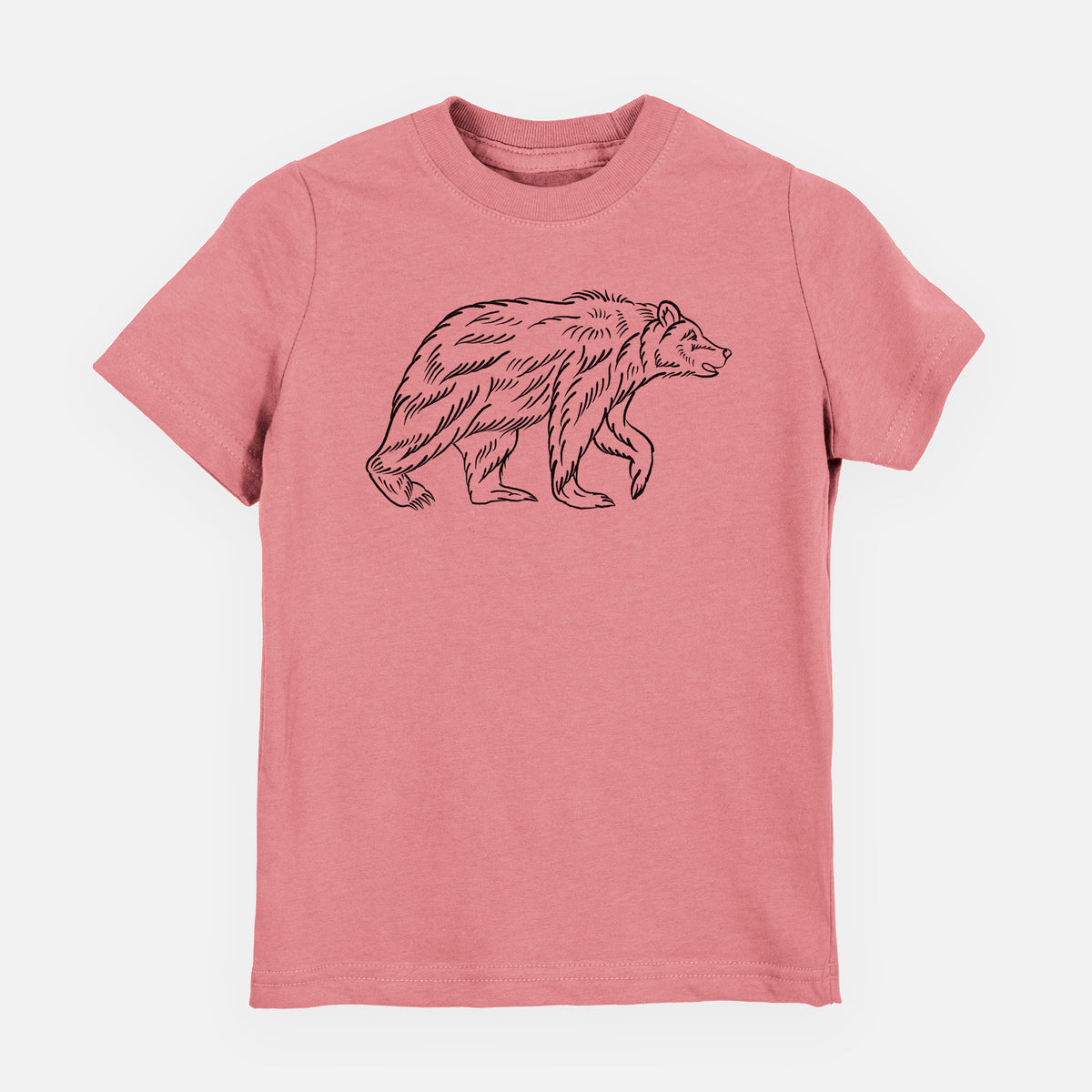 Mauve pink youth t-shirt laid flat, printed with a black ink illustration of a brown bear walking.