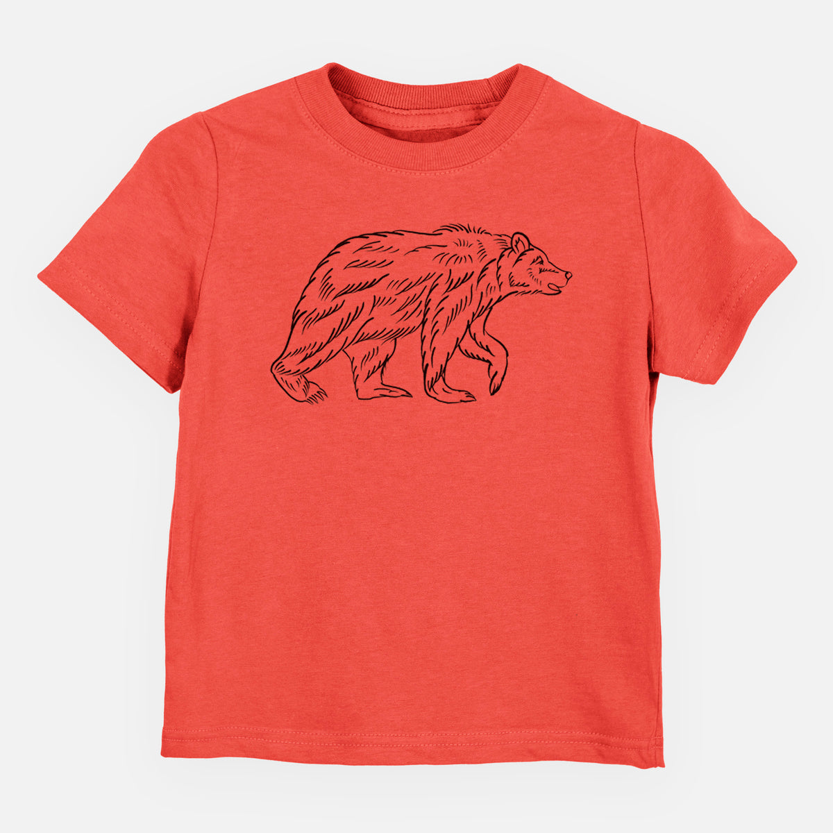 Passionfruit pink toddler t-shirt laid flat, printed with a black ink illustration of a brown bear walking.