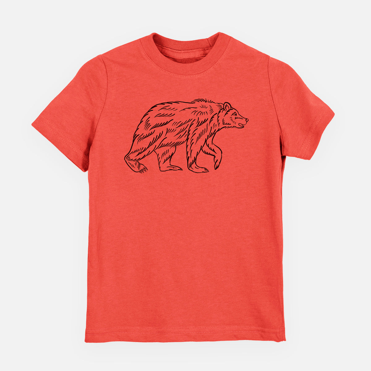 Passionfruit pink youth t-shirt laid flat, printed with a black ink illustration of a brown bear walking.