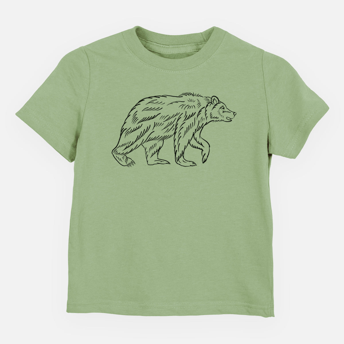 Sage green toddler t-shirt laid flat, printed with a black ink illustration of a brown bear walking.