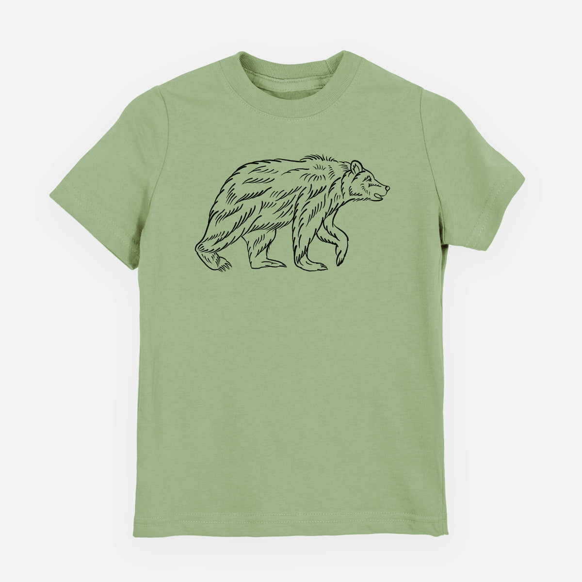 Sage green youth t-shirt laid flat, printed with a black ink illustration of a brown bear walking.