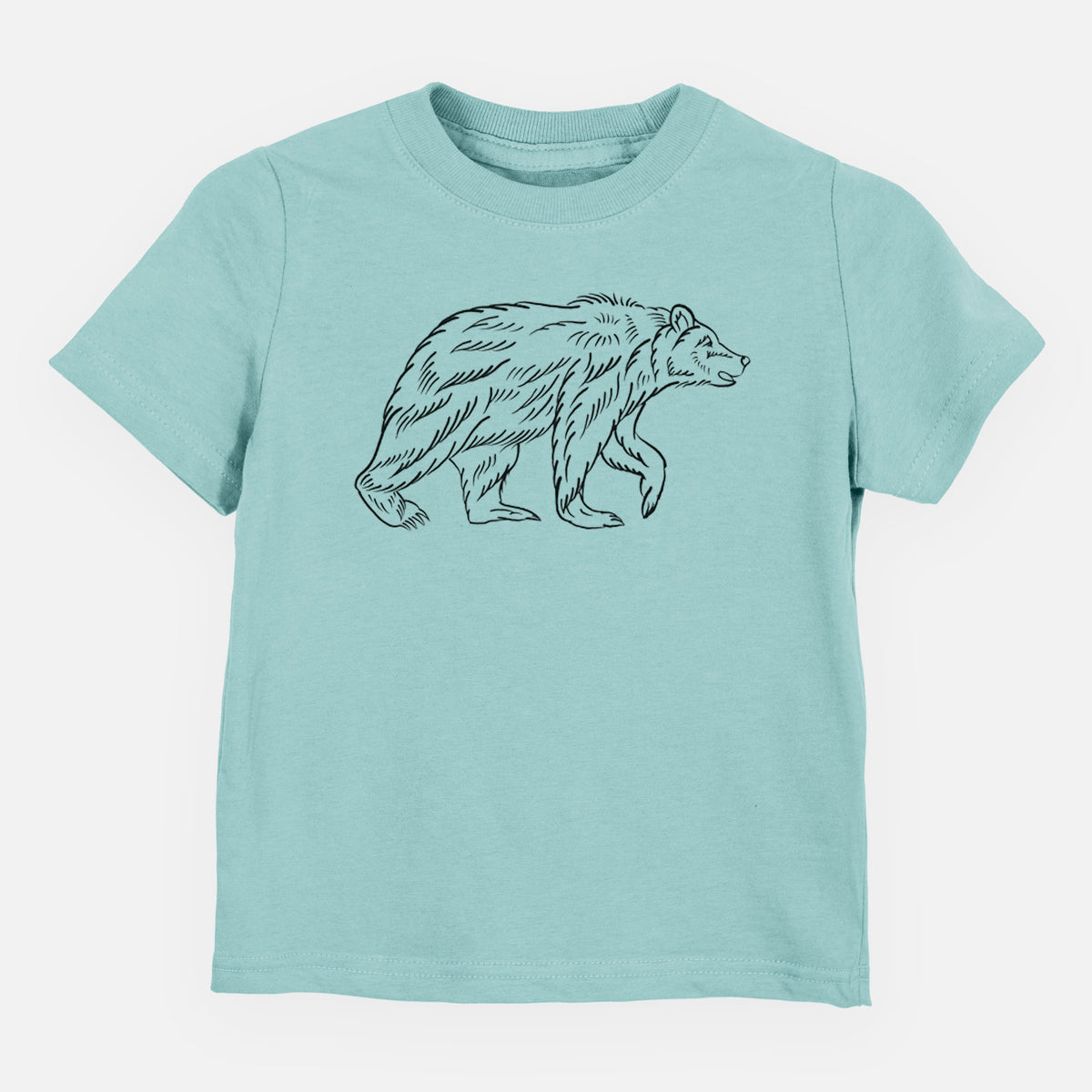 Saltwater toddler t-shirt laid flat, printed with a black ink illustration of a brown bear walking.