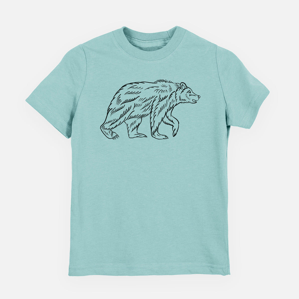 Saltwater youth t-shirt laid flat, printed with a black ink illustration of a brown bear walking.