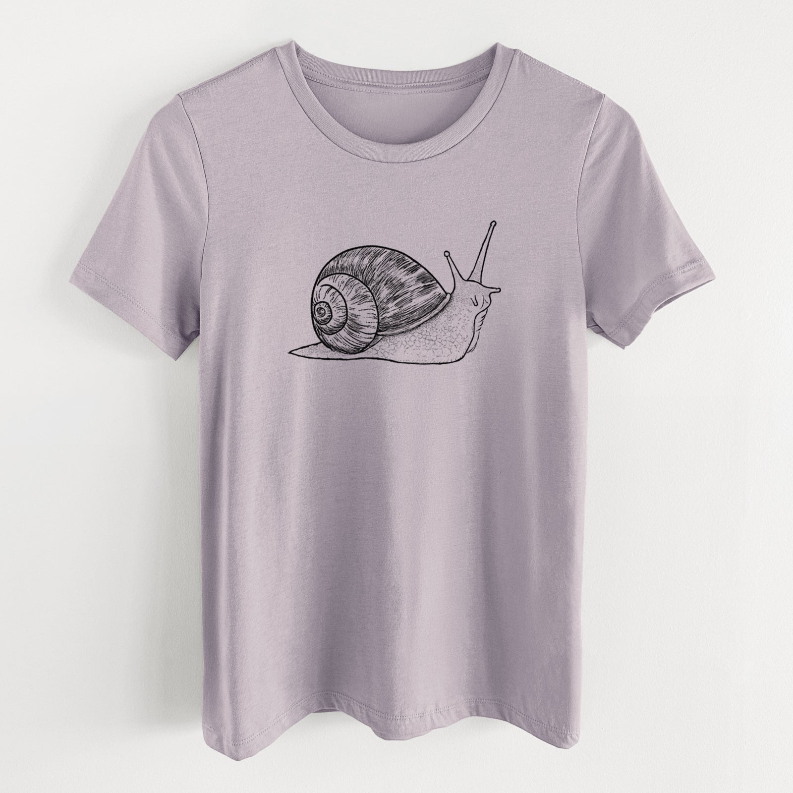 Light violet women's relaxed fit cotton t-shirt laid flat, printed with a detailed black ink illustration of a brown garden snail with its spiral shell.