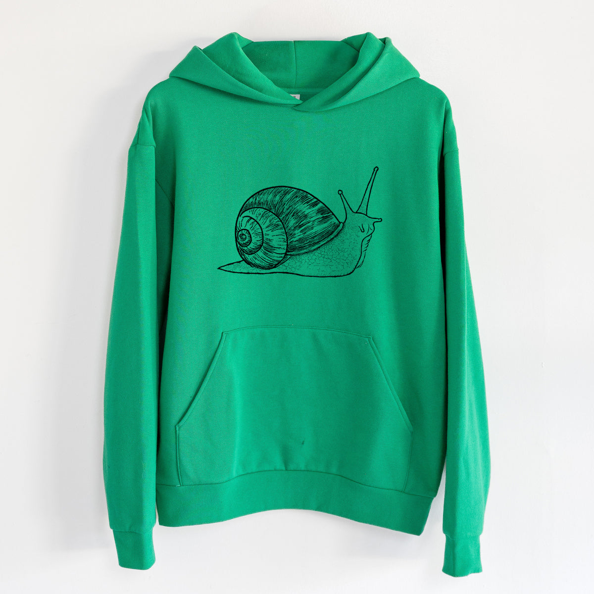 Brown Garden Snail - Cornu aspersum - Statement Midweight Hoodie in Kelly Green, hanging on a white wall, with a front kangaroo pocket and no drawcords.