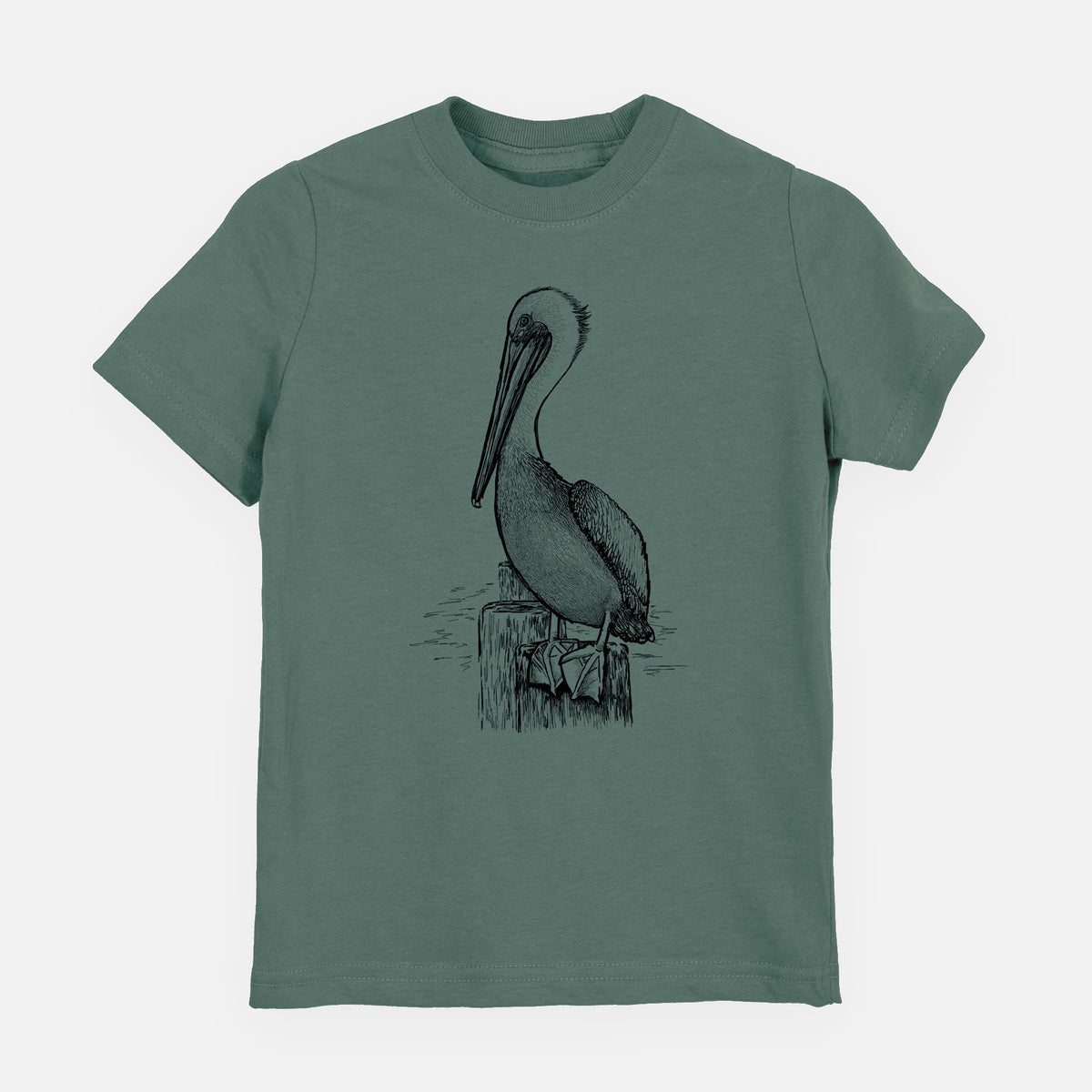 Basil green youth t-shirt laid flat, printed with a detailed black ink illustration of a brown pelican perched on a wooden piling.