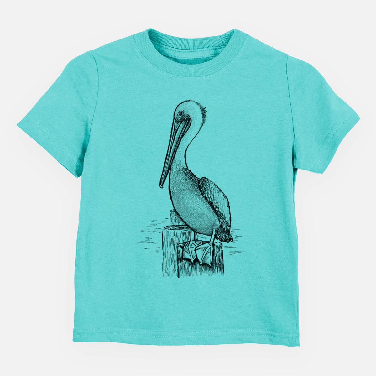 Caribbean blue toddler t-shirt laid flat, printed with a detailed black ink illustration of a brown pelican perched on a wooden piling.