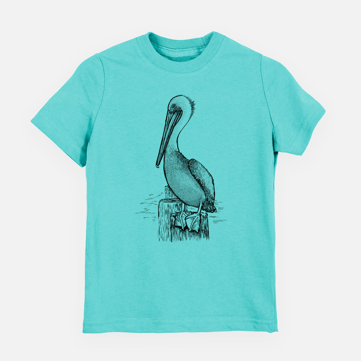 Caribbean blue youth t-shirt laid flat, printed with a detailed black ink illustration of a brown pelican perched on a wooden piling.