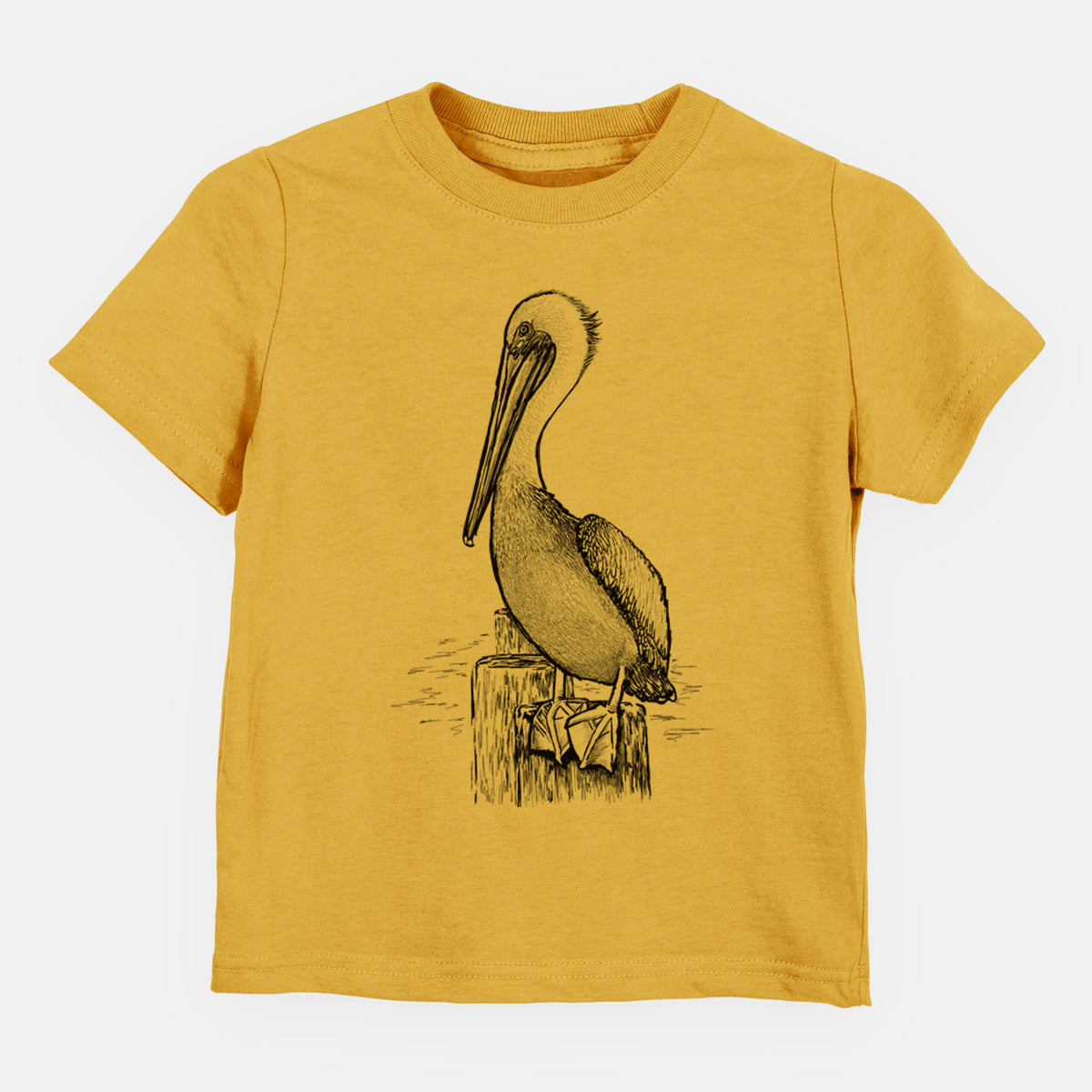 Honeycomb yellow toddler t-shirt laid flat, printed with a detailed black ink illustration of a brown pelican perched on a wooden piling.