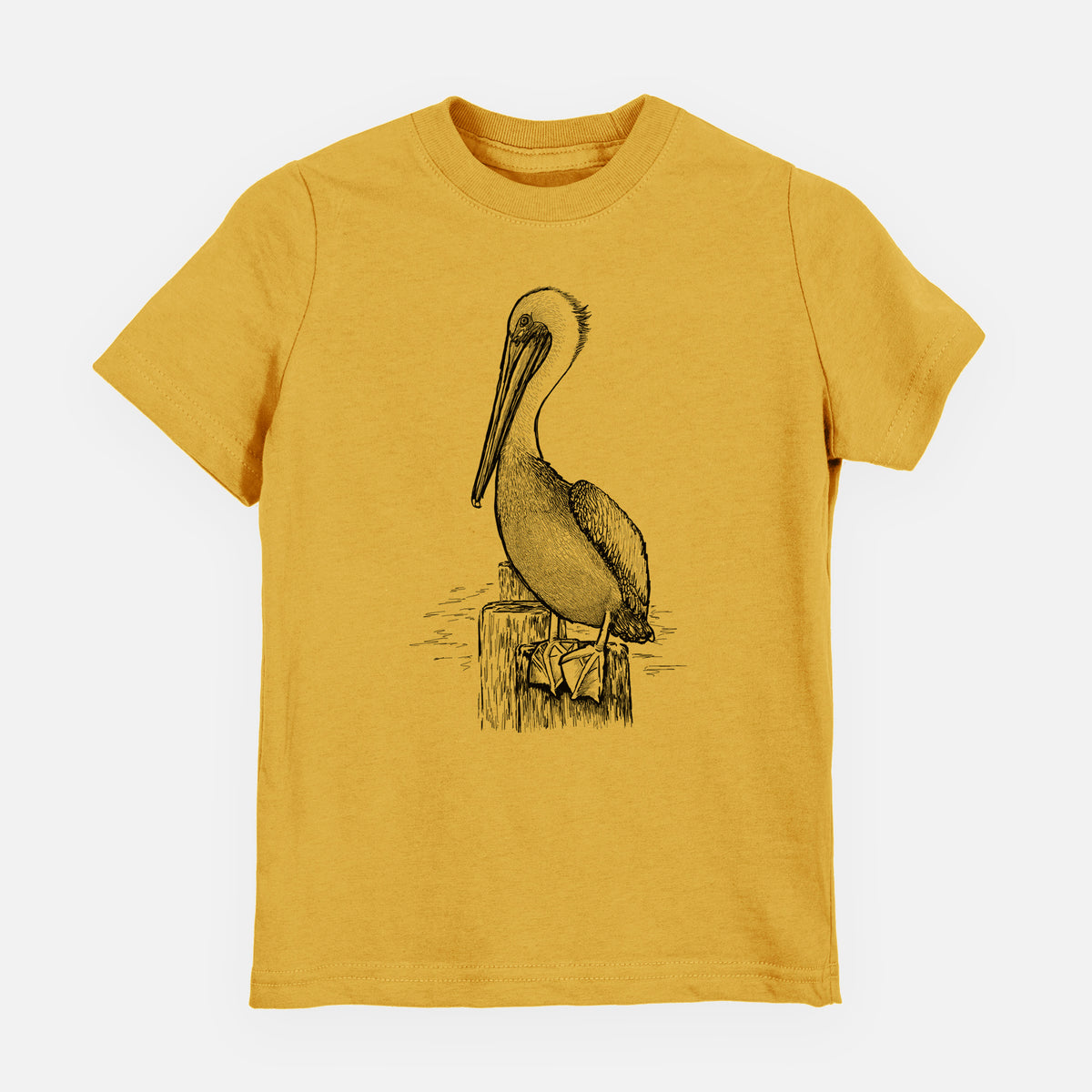 Honeycomb yellow youth t-shirt laid flat, printed with a detailed black ink illustration of a brown pelican perched on a wooden piling.