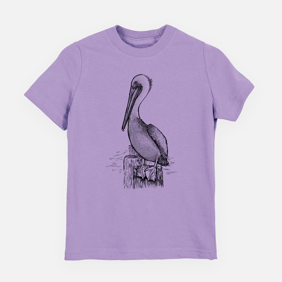 Lavender youth t-shirt laid flat, printed with a detailed black ink illustration of a brown pelican perched on a wooden piling.