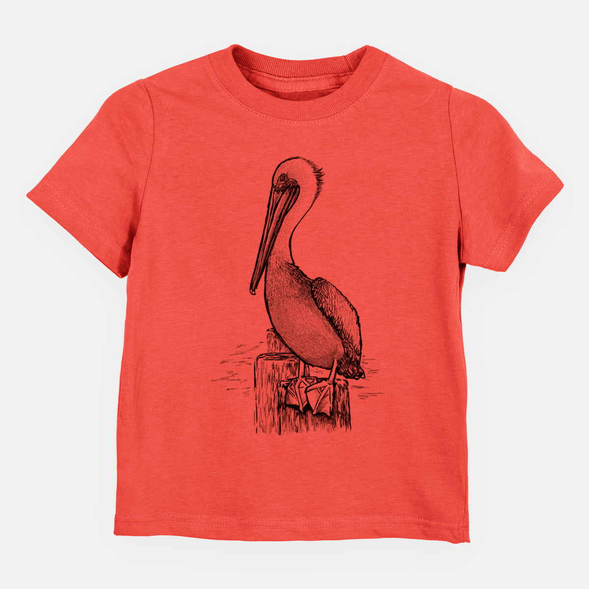 Passionfruit pink toddler t-shirt laid flat, printed with a detailed black ink illustration of a brown pelican perched on a wooden piling.