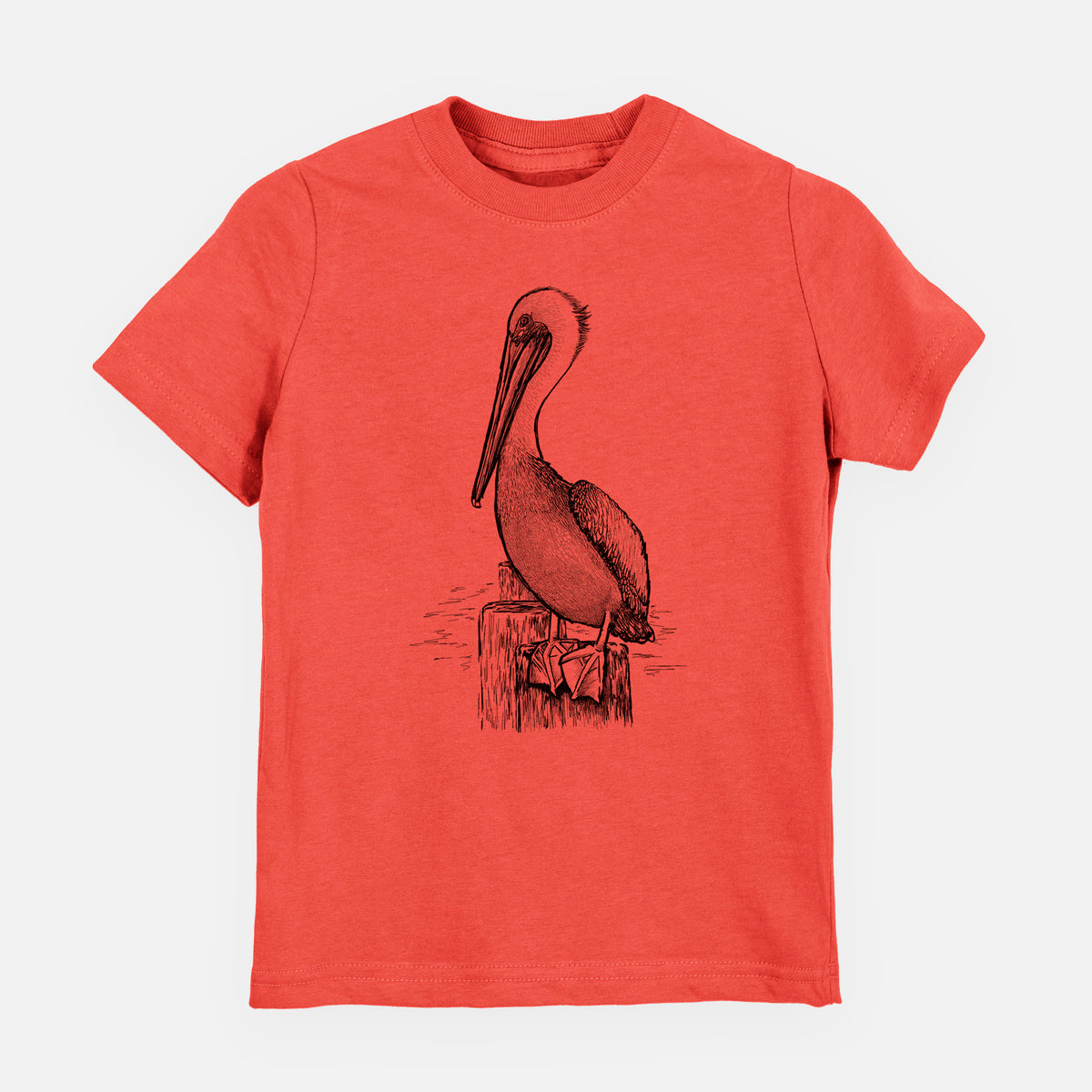 Passionfruit pink youth t-shirt laid flat, printed with a detailed black ink illustration of a brown pelican perched on a wooden piling.