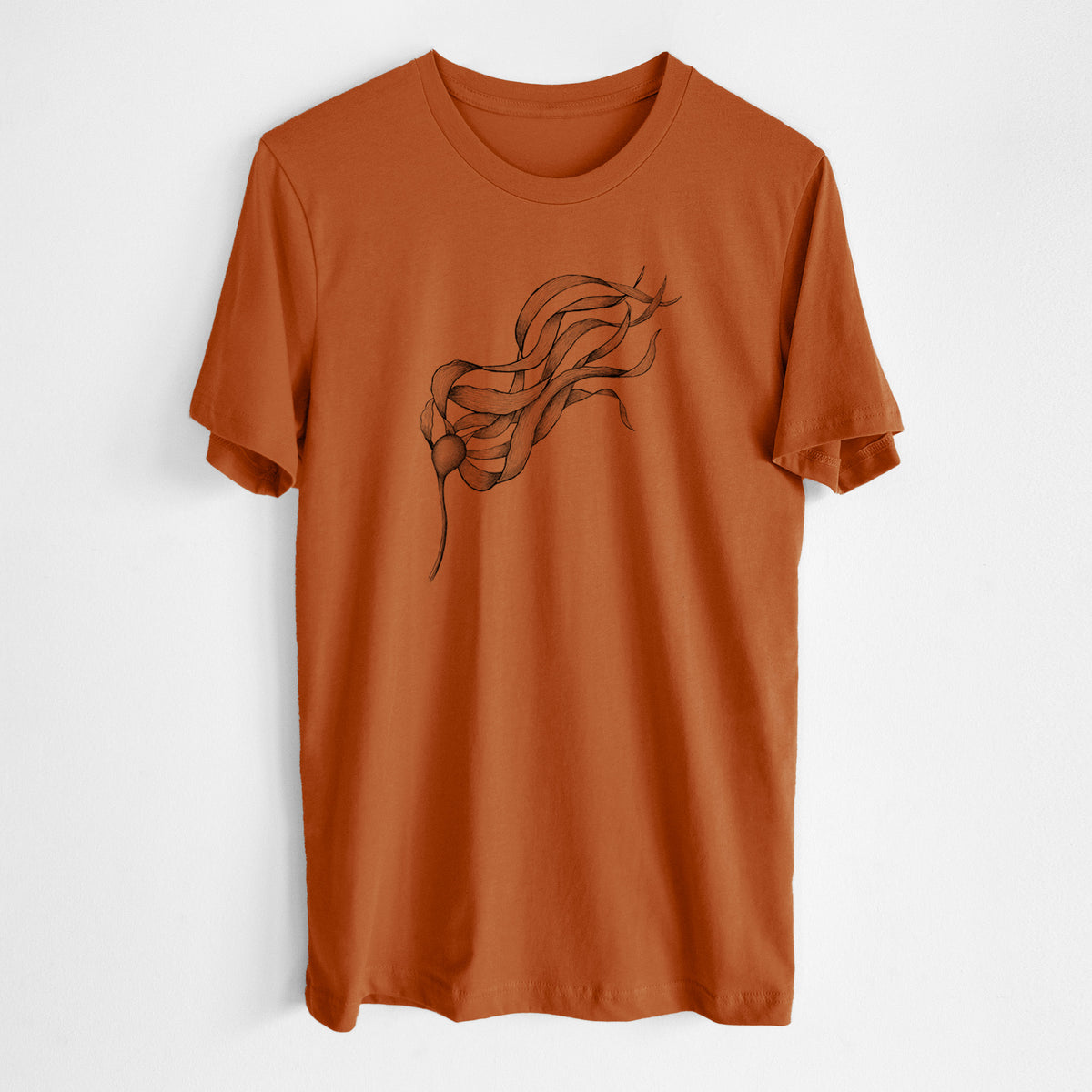 Autumn lightweight cotton t-shirt laid flat, printed with a black ink line drawing of a strand of bull kelp with long flowing blades.