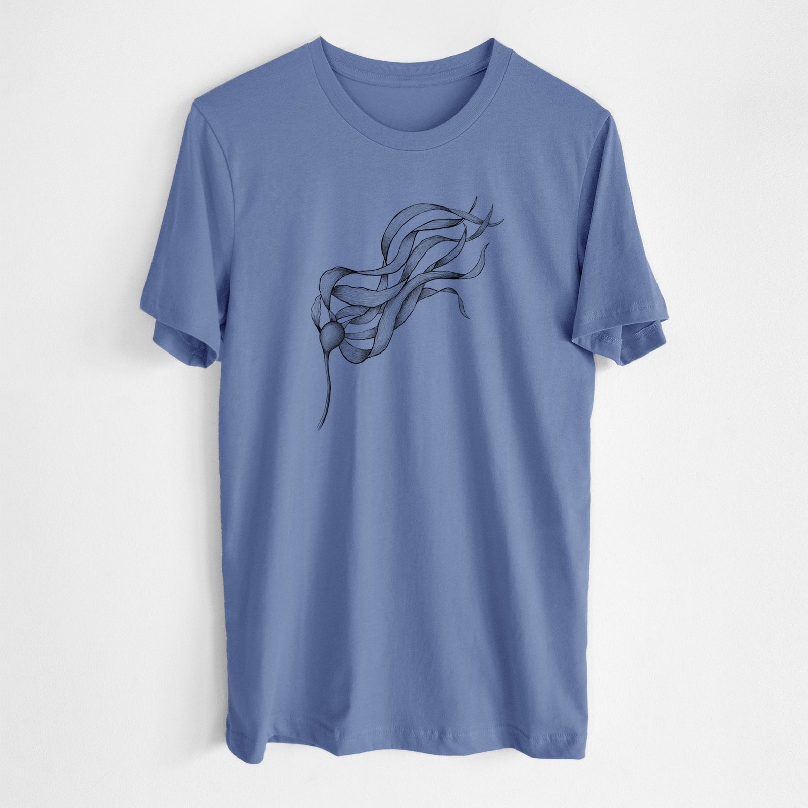 Blue bell lightweight cotton t-shirt laid flat, printed with a black ink line drawing of a strand of bull kelp with long flowing blades.