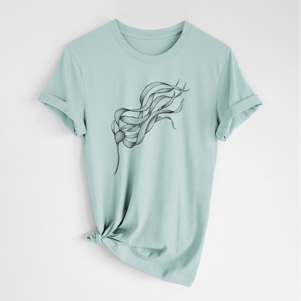 Dusty blue lightweight cotton t-shirt laid flat with the sleeves rolled, printed with a black ink line drawing of a strand of bull kelp with long flowing blades.